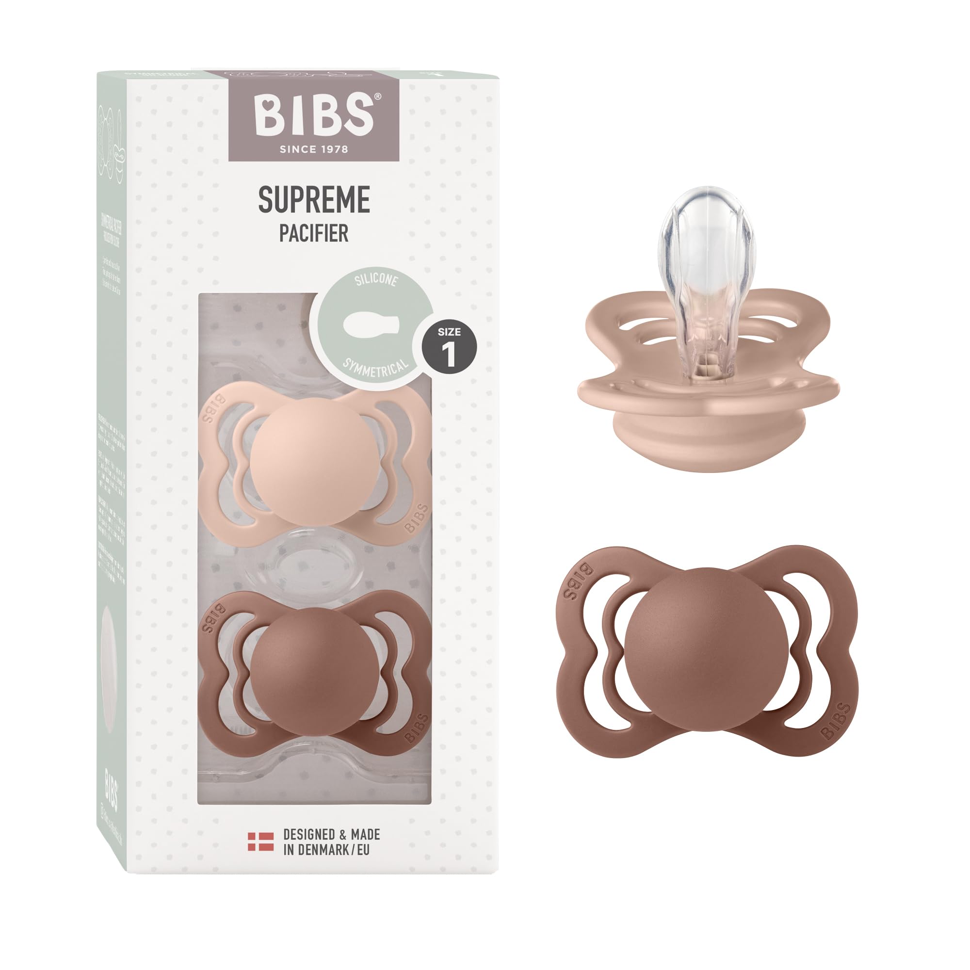 BIBS Supreme Dummies 2-Pack, BPA Free Dummy Pacifier, Silicone Symmetrical Nipple Soother, Size 1 (0-6 Months), Woodchuck/Blush