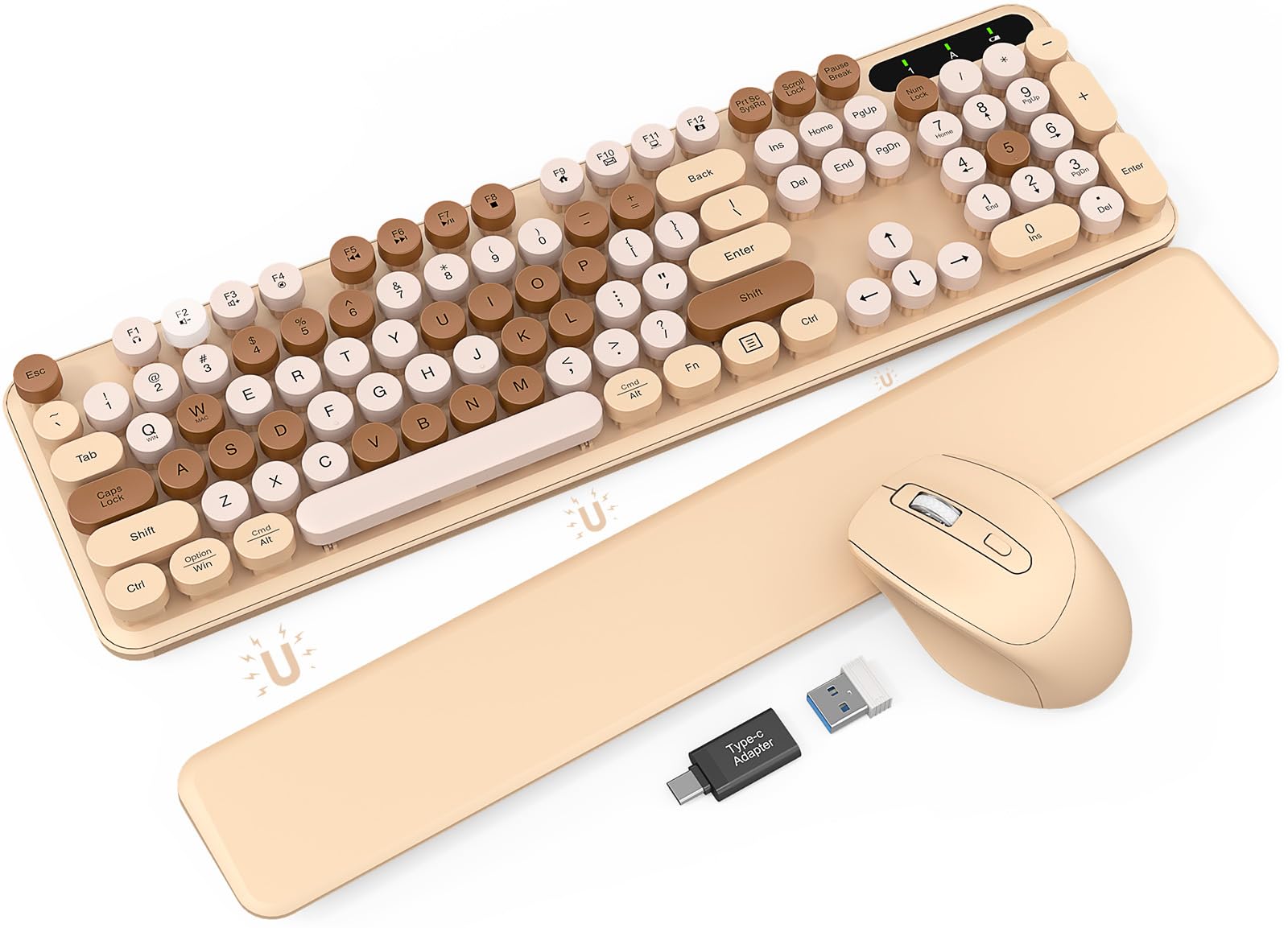 Photo 1 of Wireless Keyboard and Mouse Combo - Cute Typewriter Keyboard with Detachable Wrist Rest, Retro Round Keycaps, Foldable Legs, 2.4GHz Full-Size Keyboard for PC, Laptop, Mac, Windows - Trueque (Latte)