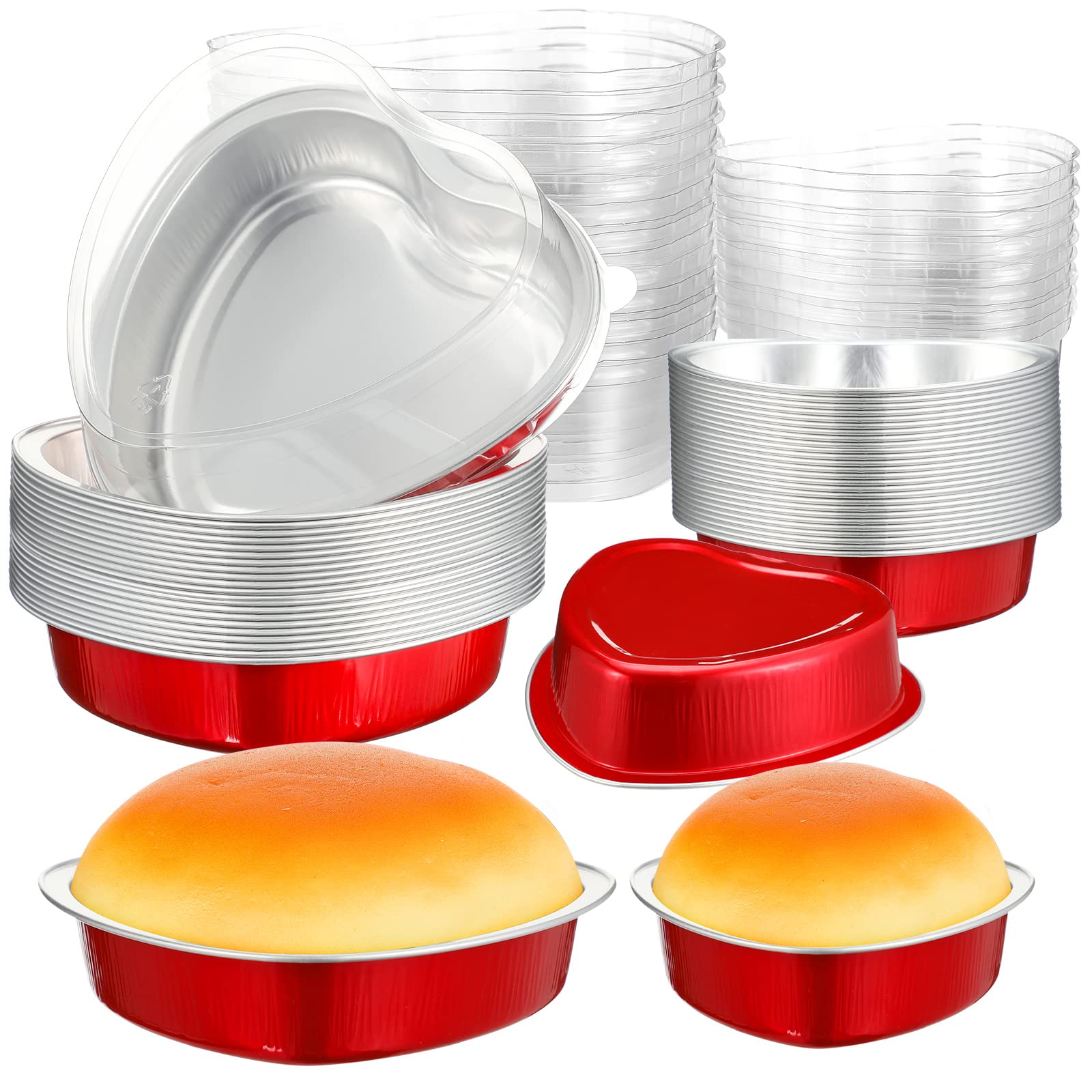 Photo 1 of Meanplan 30 Pcs Heart Cake Pan Aluminum Heart Shaped Pan with Lids Valentine's Day Disposable Heart Shaped Foil Pan Cake Containers with Lids for Valentine's Day Supply, Red(3.4 oz, 9 oz)
