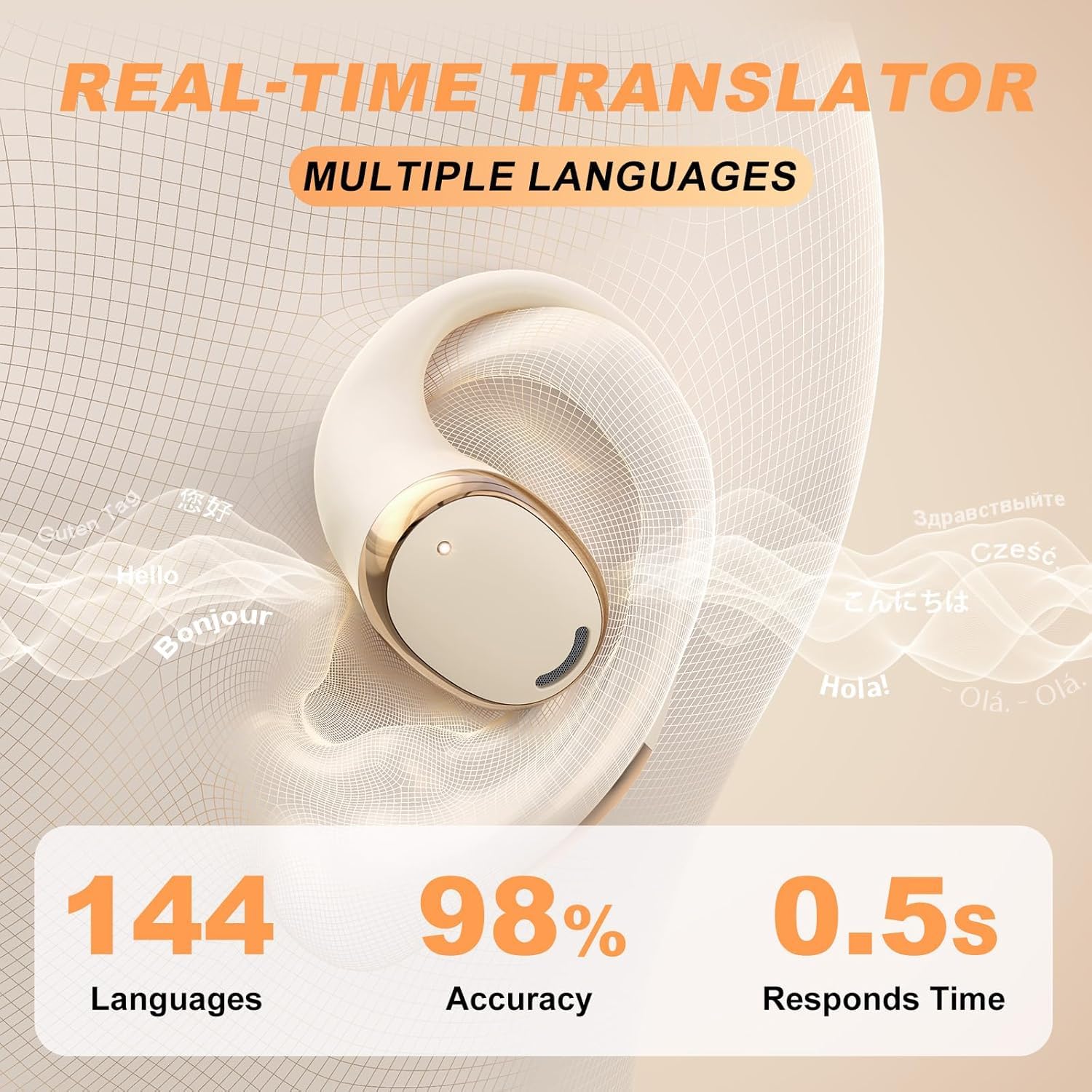 Translation Earbuds Real Time, Ai Translator Earbuds, Earpiece Earbud Translator, Language Translating Earbuds Translation Wireless Bluetooth Earphones Translation Headphones With Program (M70 Beige)