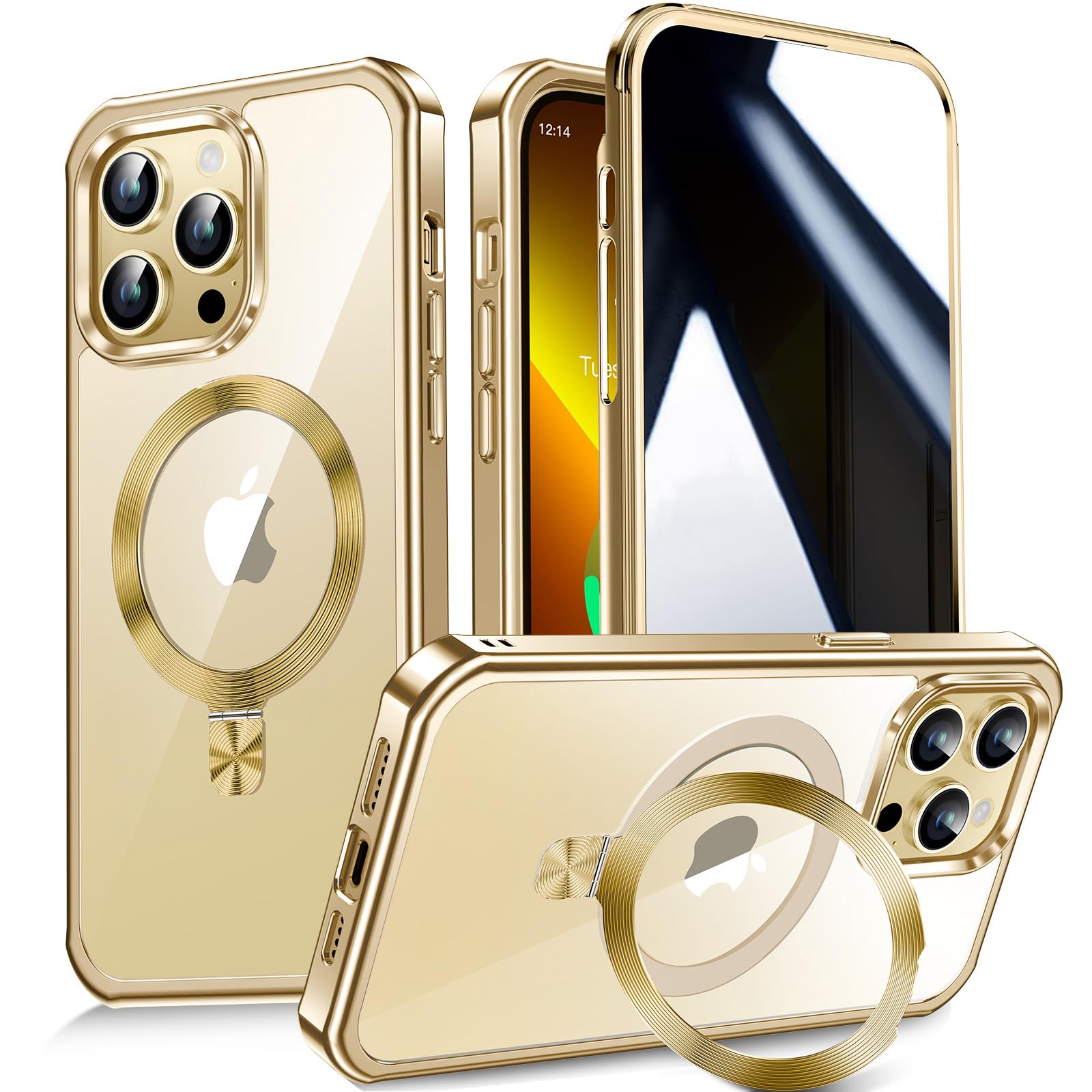 Photo 1 of [CD Metal Ring Stand + Built-in Privacy Screen Protector] Magnetic Case for iPhone 13 Pro 6.1" [Soft Bumper Full Signal] [Compatible with MagSafe] 9H Glass Full Body Shockproof Clear Case, Gold