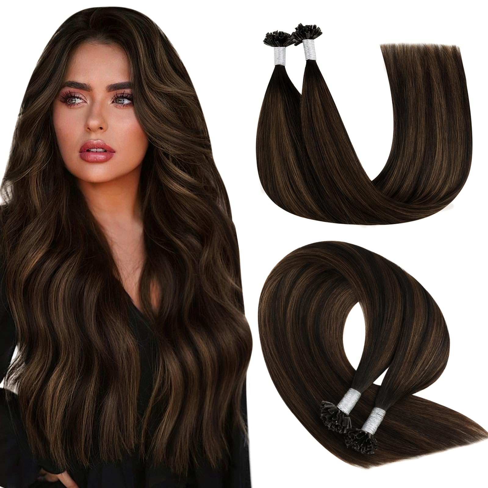 YoungSee Utip Hair Extensions Brown Balayage U Tips Hair Extensions Real Human Hair Ombre Dark Brown to Brown Hot Fusion Hair 22In 1G/S 50G Silky Straight