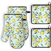 QXWREL Oven Mitts and Pot Holders Sets of 2 Lemon Heat Resistant Oven Mitts and Hot Pads for Kitchen Soft Cooking Oven Gloves and Grill Baking BBQ Essentials and Accessories