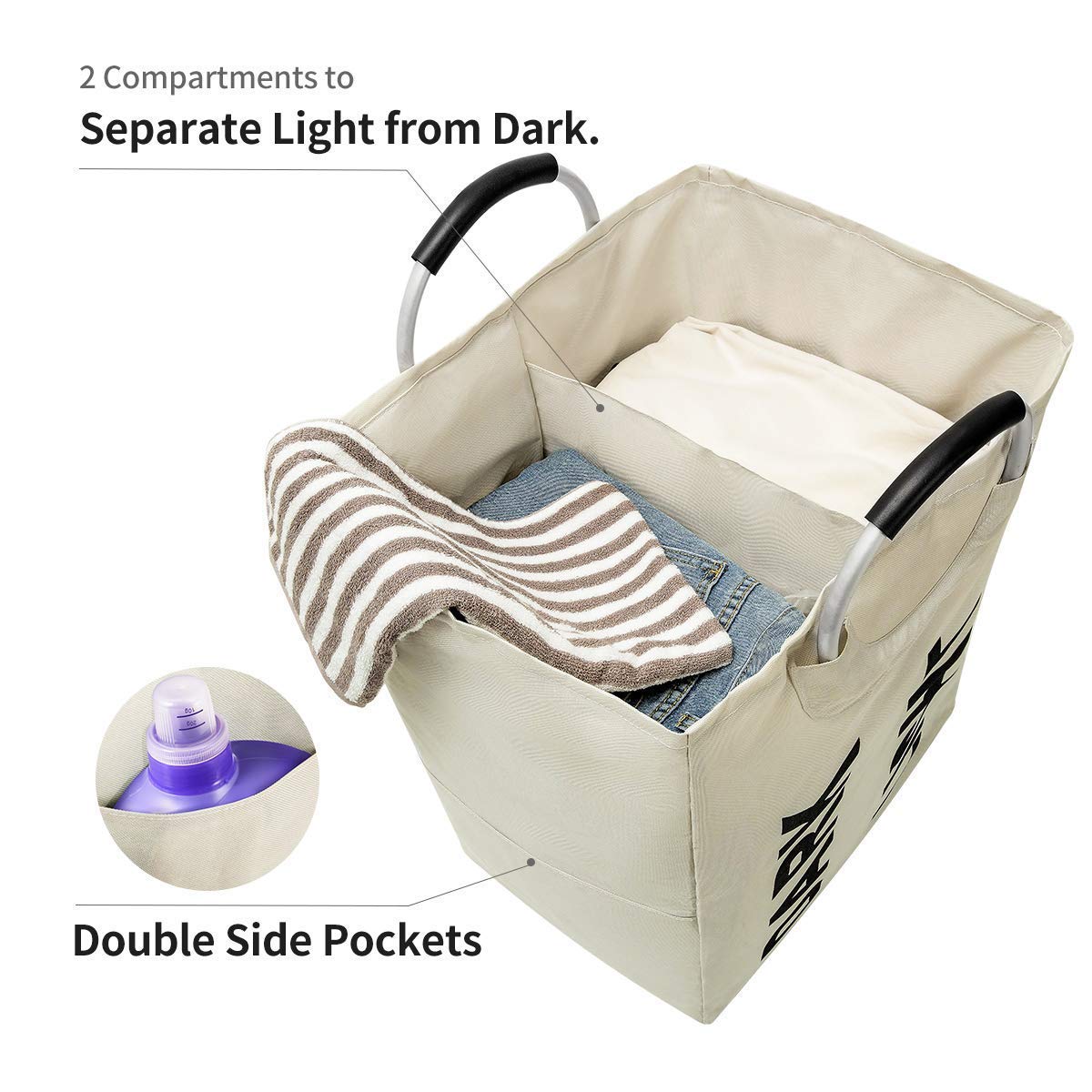 WISHPOOL Double Large Foldable Laundry Hamper Basket Divided Handy Stand Collapsible Laundry Basket Waterproof Bag Bin Organizer Storage Corner with Handles (Beige)