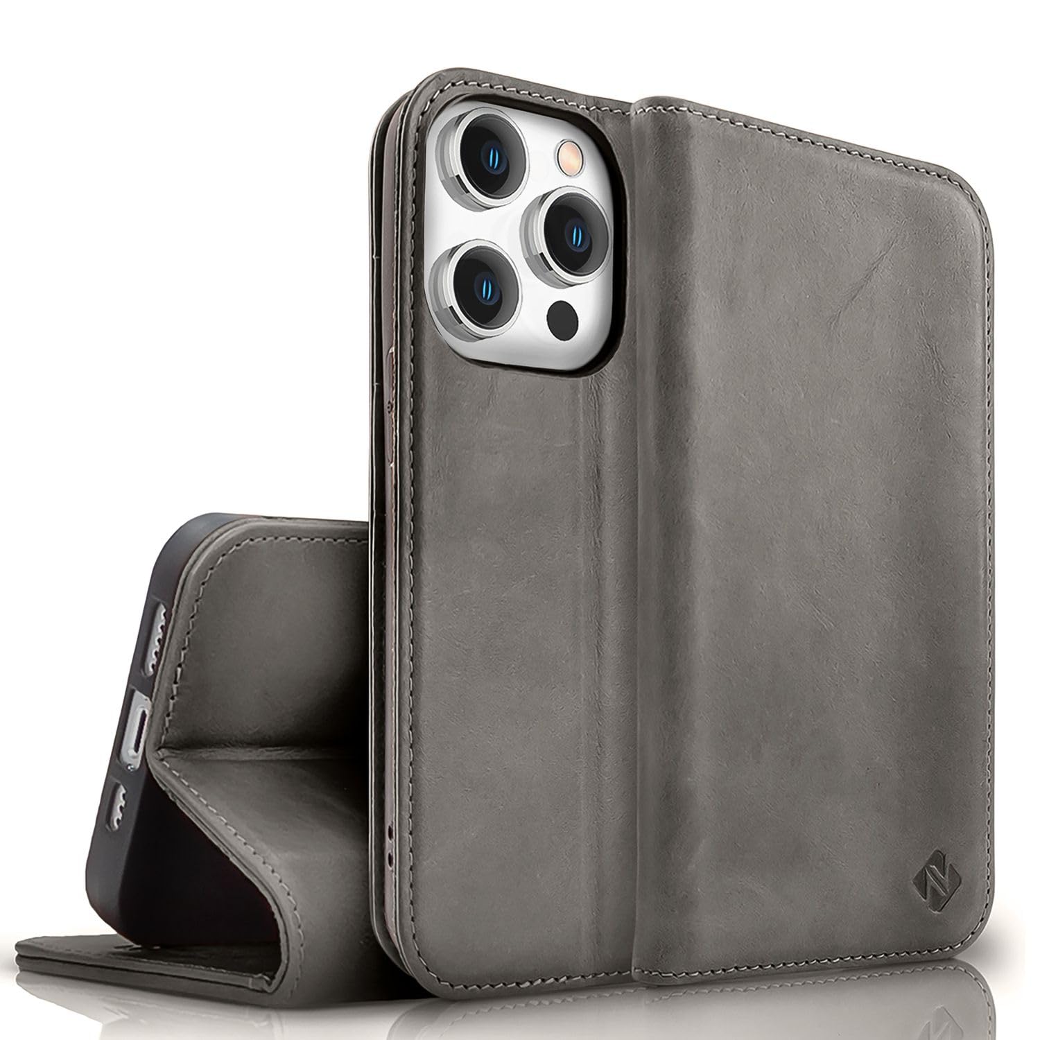 NALIA Genuine Leather Case for iPhone 15 Pro Max - RFID Wallet & Magnetic Closure - LEVANTO (Handmade Book Cover) - German Brand, Color:Dark Grey