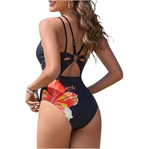 ZAFUL Women's One Piece Swimsuit Tummy Control Slimming Swimwear | Floral Swimwear, Double Strap, Back Cut Out Bathing Suit,