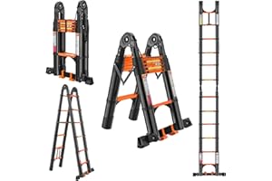 EVASTAR HOME EvaStar 12.5FT A Frame Telescoping Ladder, Lightweight Aluminum Telescopic Ladders w/Triangle Stabilizers, Stabilizer Bar & Wheels, 330lbs Capacity Extension Ladder for Home, Outdoor- Orange & Black