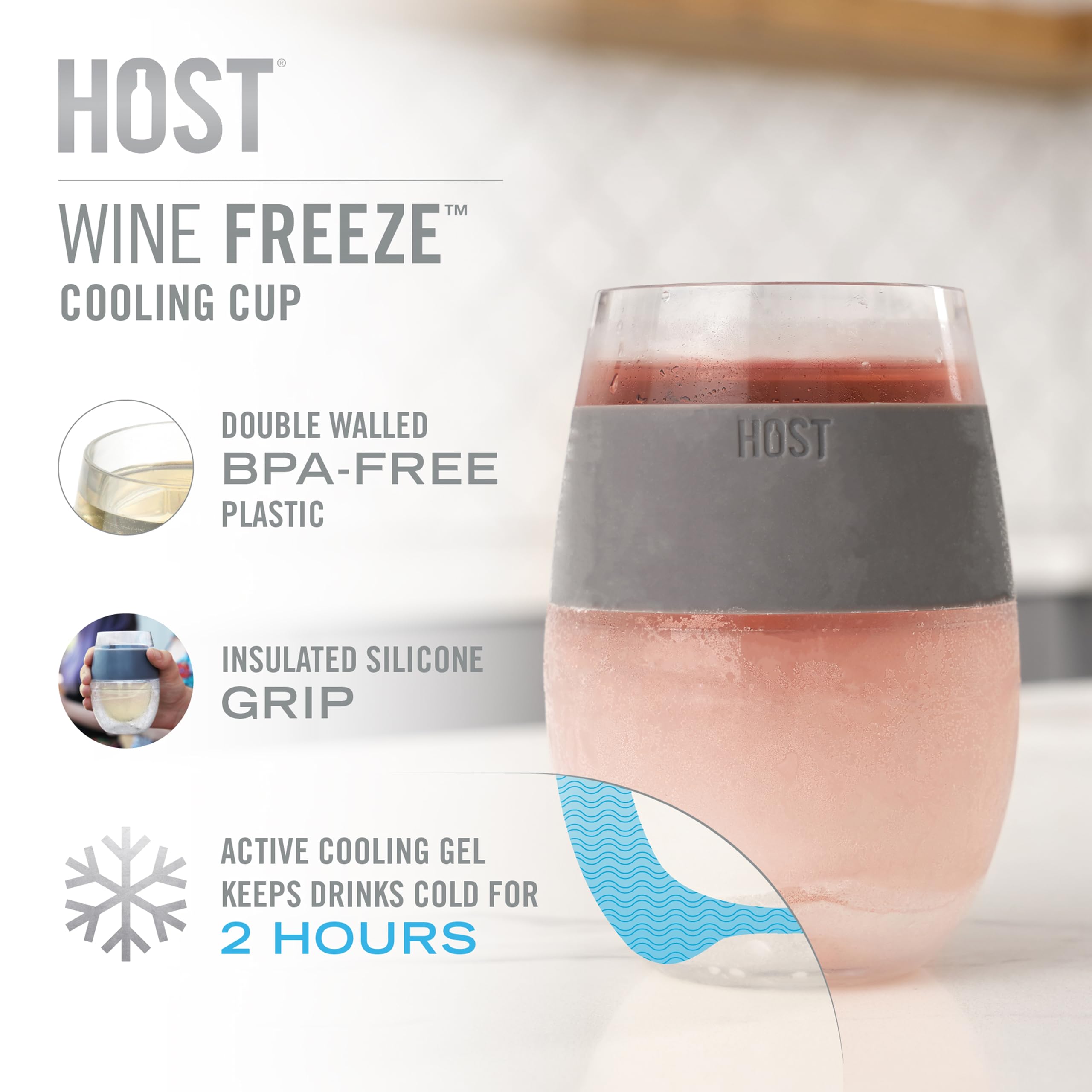 HOST Freeze Wine Glasses with Lids, Insulated Cooling Cups with Freezing Gel, Wine Tumbler Gifts for Women, Freezable Tumblers for Cocktails, Outdoor Party, and Home Bar Gifts, 8.5 oz Set of 2, Gray