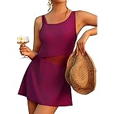 Aleumdr Women's One Piece Swim Dress Tummy Control Swimsuits Modest Full Coverage Mesh Bathing Suits with Skirt