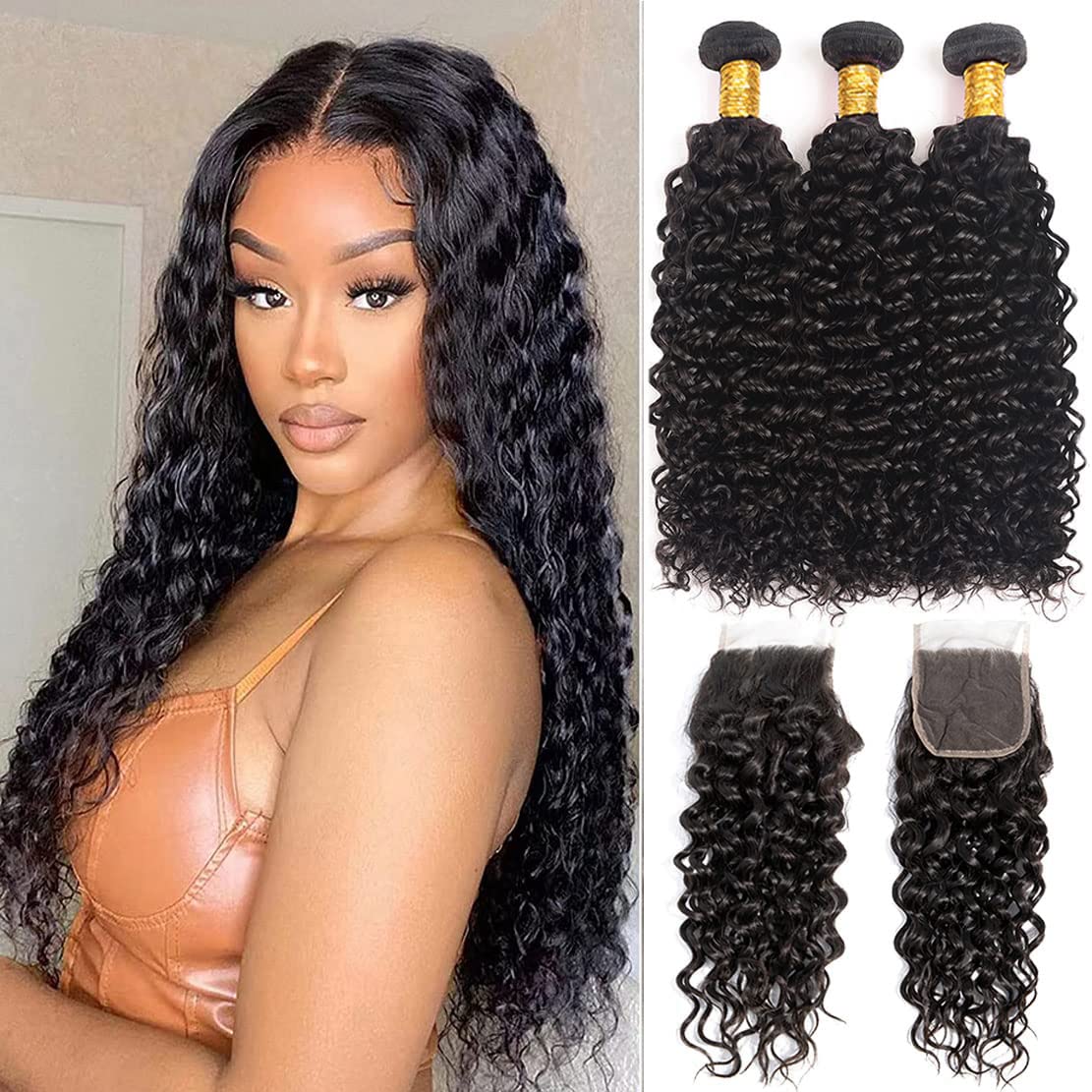 Peruvian Water Wave Hair 3 Bundles with Closure (20 22 24+18) 100% Unprocessed 10A Virgin Human Hair Wet and Wavy Bundles with 4x4 Free Part Lace Closure Curly Wave Human Hair Extensions — image 1