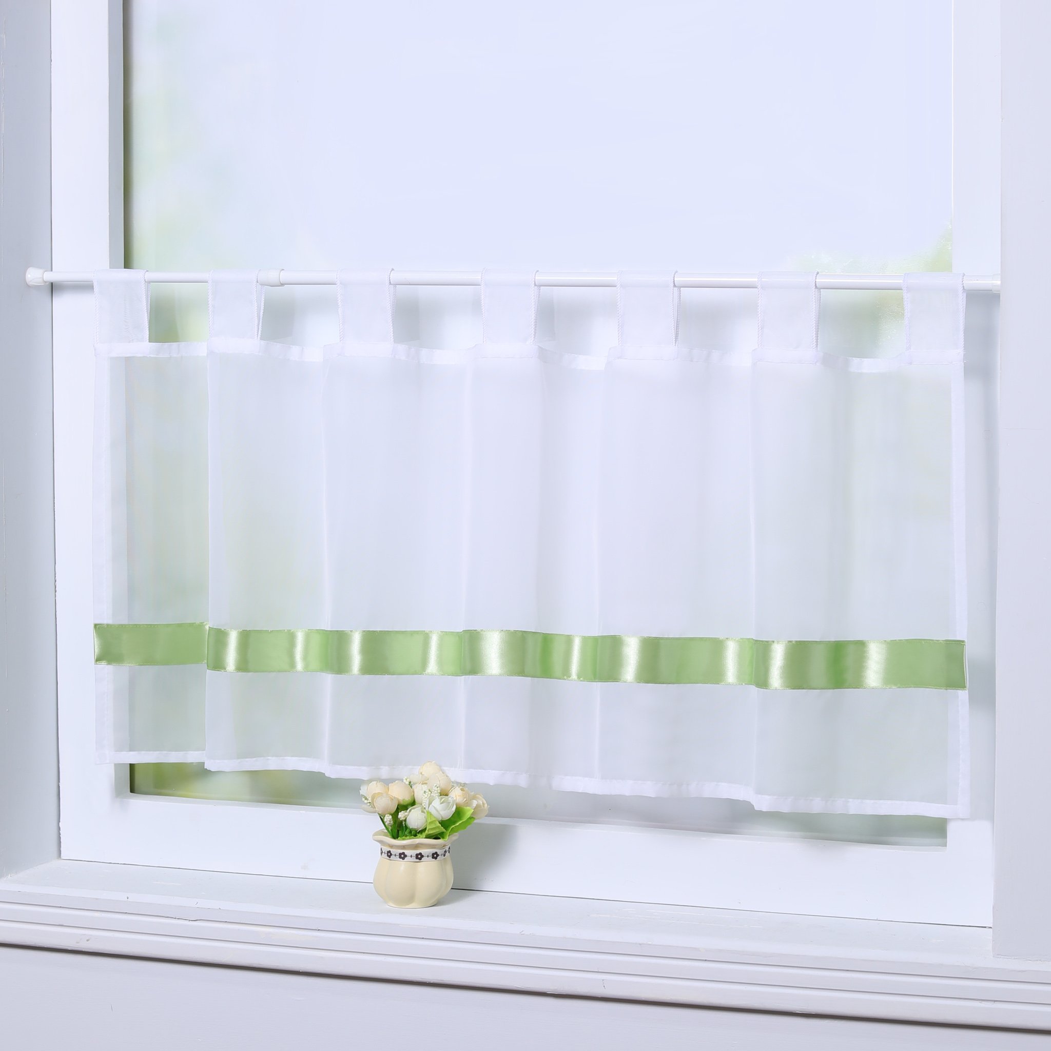 Joyswahl Julie Voile Bistro Curtains with Satin Ribbon, Loops, Kitchen Short Curtain, H x W 45 x 120 cm, Green Pack of 1