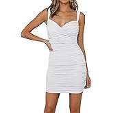 MASCOMODA Women's Summer Spaghetti Strap Ruched Mini Bodycon Dress 2024 Short Sexy V Neck Wedding Guest Club Cocktail Dress