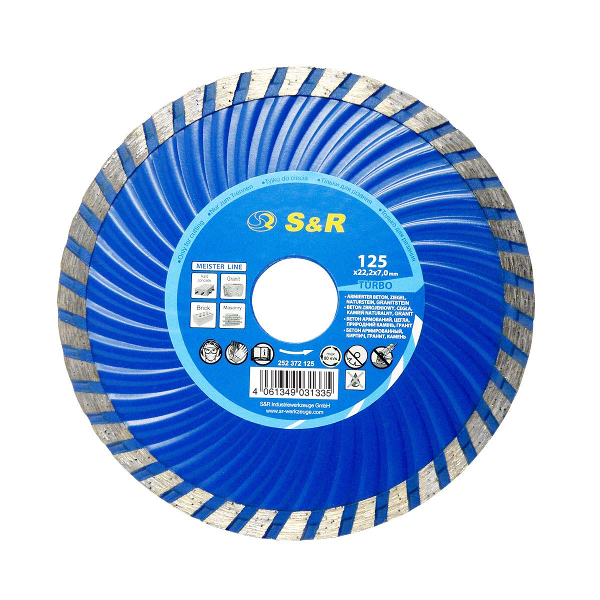 S&R Diamond Cutting Disc 125 x 22,2mm Turbo, Diamond Saw Blade for concrete reinforced concrete, granite, natural stone, brick, dry cutting stone. Professional quality