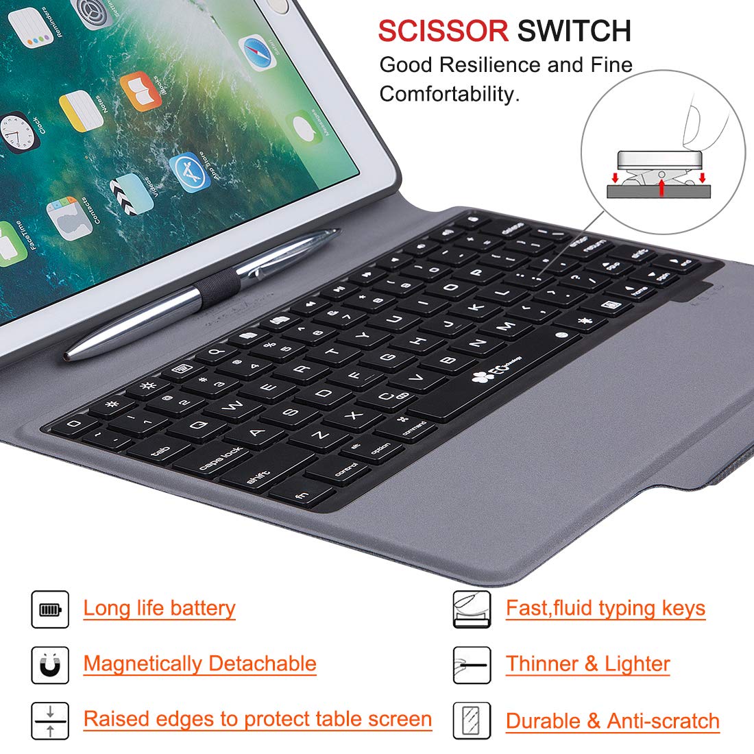 iPad Keyboard Case 9.7 for iPad 2018 (6th Gen) - iPad 2017 (5th Gen) - iPad Pro 9.7 - iPad Air 2 & 1 - Bluetooth Wireless BT 7 Color RGB Backlit & Thin & Light iPad Case with Keyboard, Pencil Holder