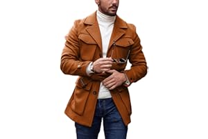 Pretifeel Mens Trench Coat Slim Fit Wool Blends Business Lapel Belted Overcoat Winter Casual Peacoat Jacket