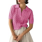 Women's Short Sleeve Sweaters V Neck Pullover Summer Tops Casual Solid Lapel Shirts Cable Knit Sweater