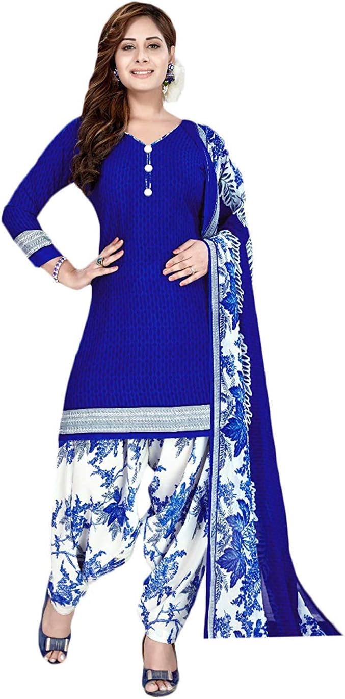 VintFlea Womens's Crepe Salwar Suit Patiyala Churidar Unstitched with Dupatta, Indian Punjabi Style Fashion, Bollywood Design Look, Daily or Party Wear, Blue, Free Size (Free Express Shipping)