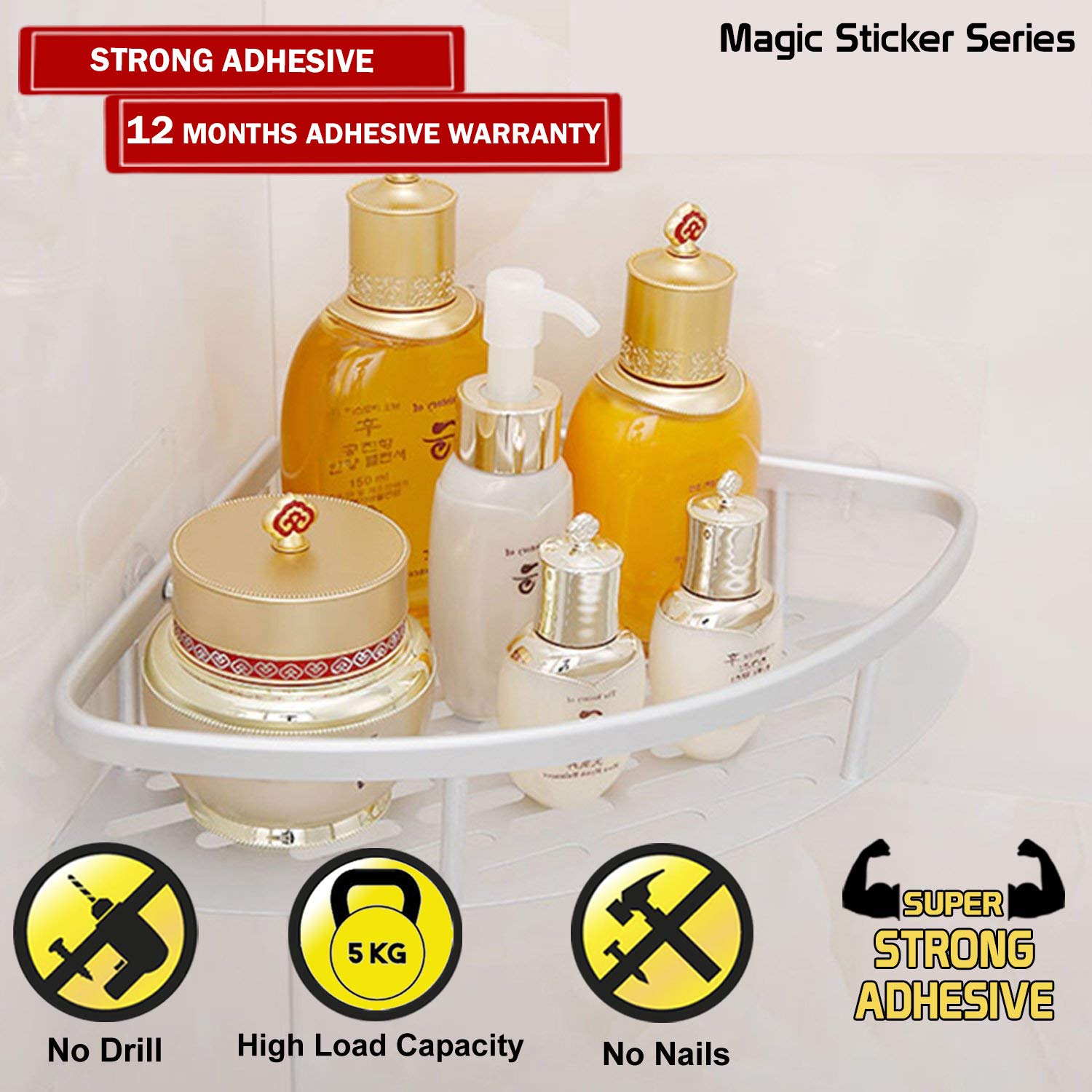 HOKIPO Magic Sticker Bathroom Corner Shelf Shower Caddy
