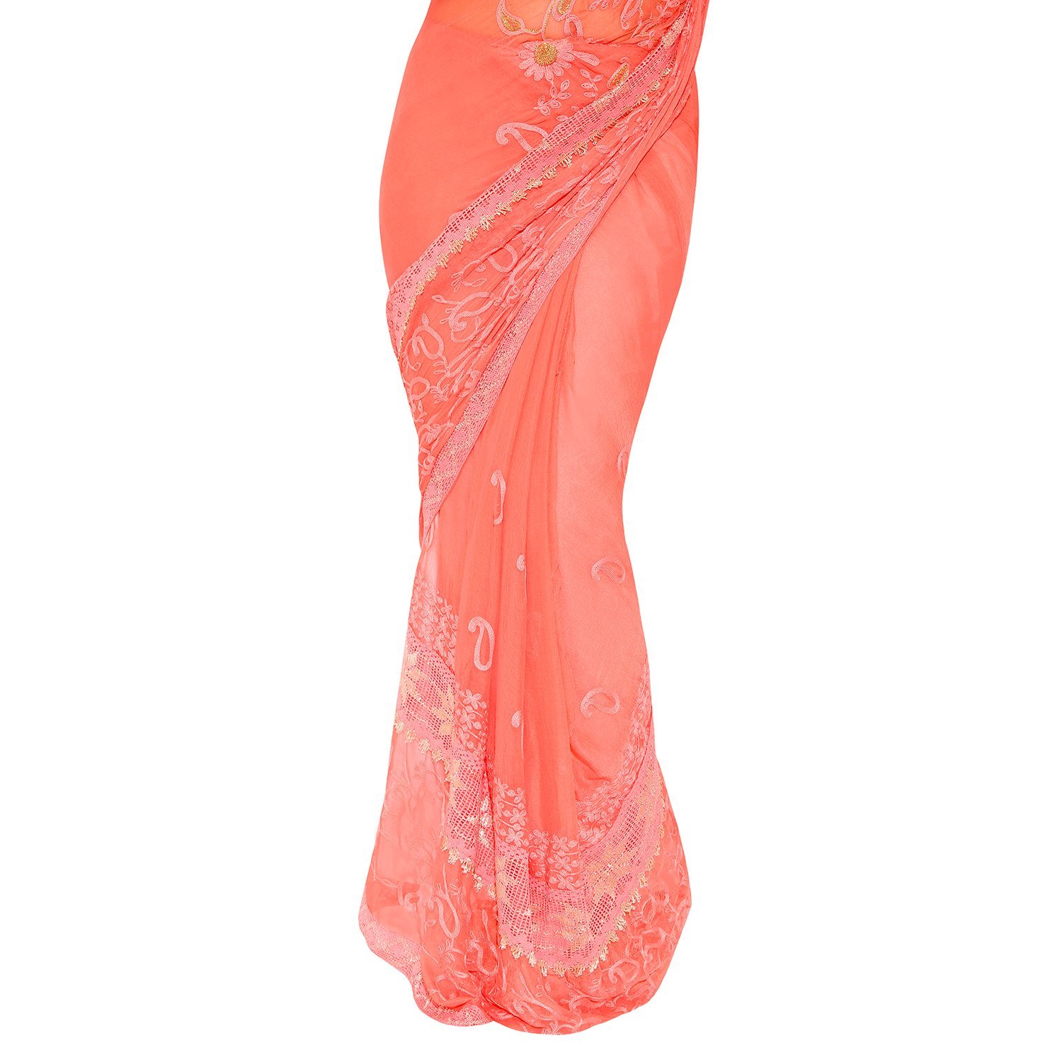 craftsvilla chiffon saree with blouse piece (fkms207-9004 peach_peach_free size)