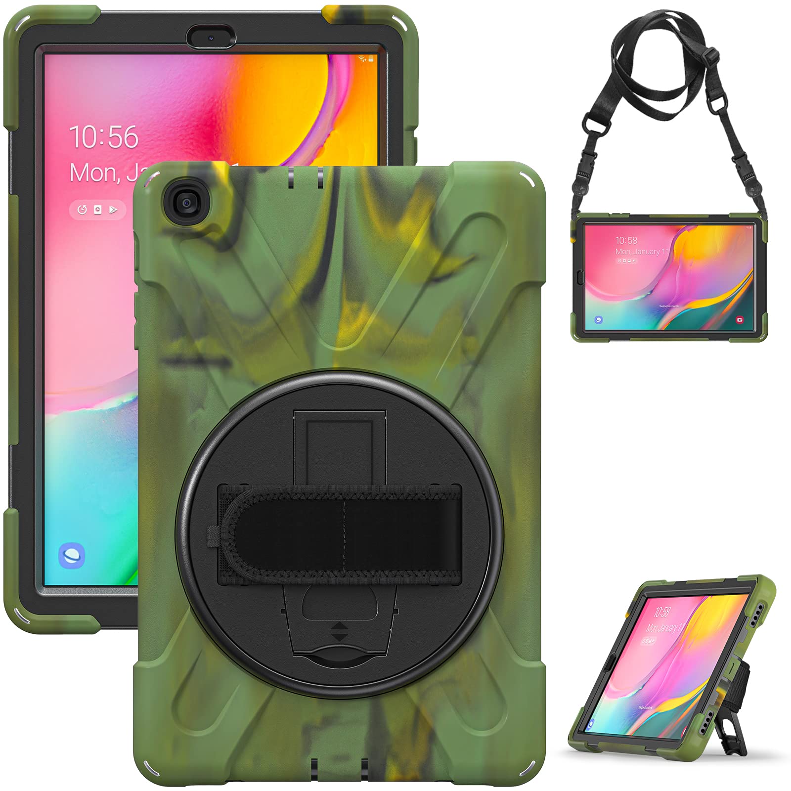 Gerutek for Galaxy Tab a Case 10.1 2019 SM-T510/T515 Heavy Duty Protection Shockproof 2019 Replease 10.1 Protection Cover with Stand, Hand/Carry Strap for Samsung tab a 10.1 Case 2019, Camo