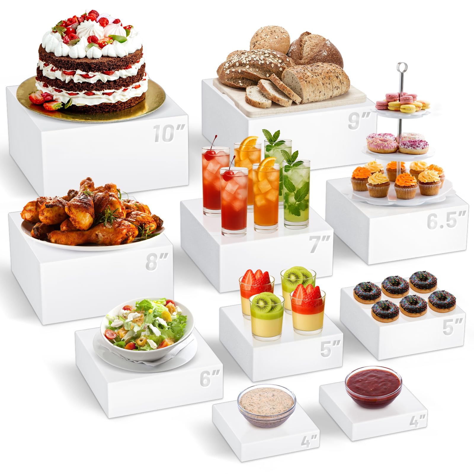 Photo 1 of 10 Pcs Buffet Food Risers, White Acrylic Dessert Cupcake Table Stands Fruit Display Shelf Set for Catering Supplies Party Jewelry Show Decor Display Risers Cube Box Nesting with Hollow Bottoms 8 Sizes