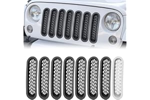YZONA Grill Inserts Matte Black, Front Mesh Grille Cover Compatible with 2007-2018 Jeep JK Wrangler & Unlimited Wrangler Accessories, Car Grill Mesh (7PCS Matte Black + 1PCS White)
