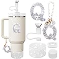 Mity rain Accessories Set for Stanley Cup, Initials Decorations for Tumbler Cup 30/40OZ, Including Diamond Straw Topper/Spill Proof Stopper/Sparkly Silicone Boot Set/Letter Charms for Handle A-Z (Q)