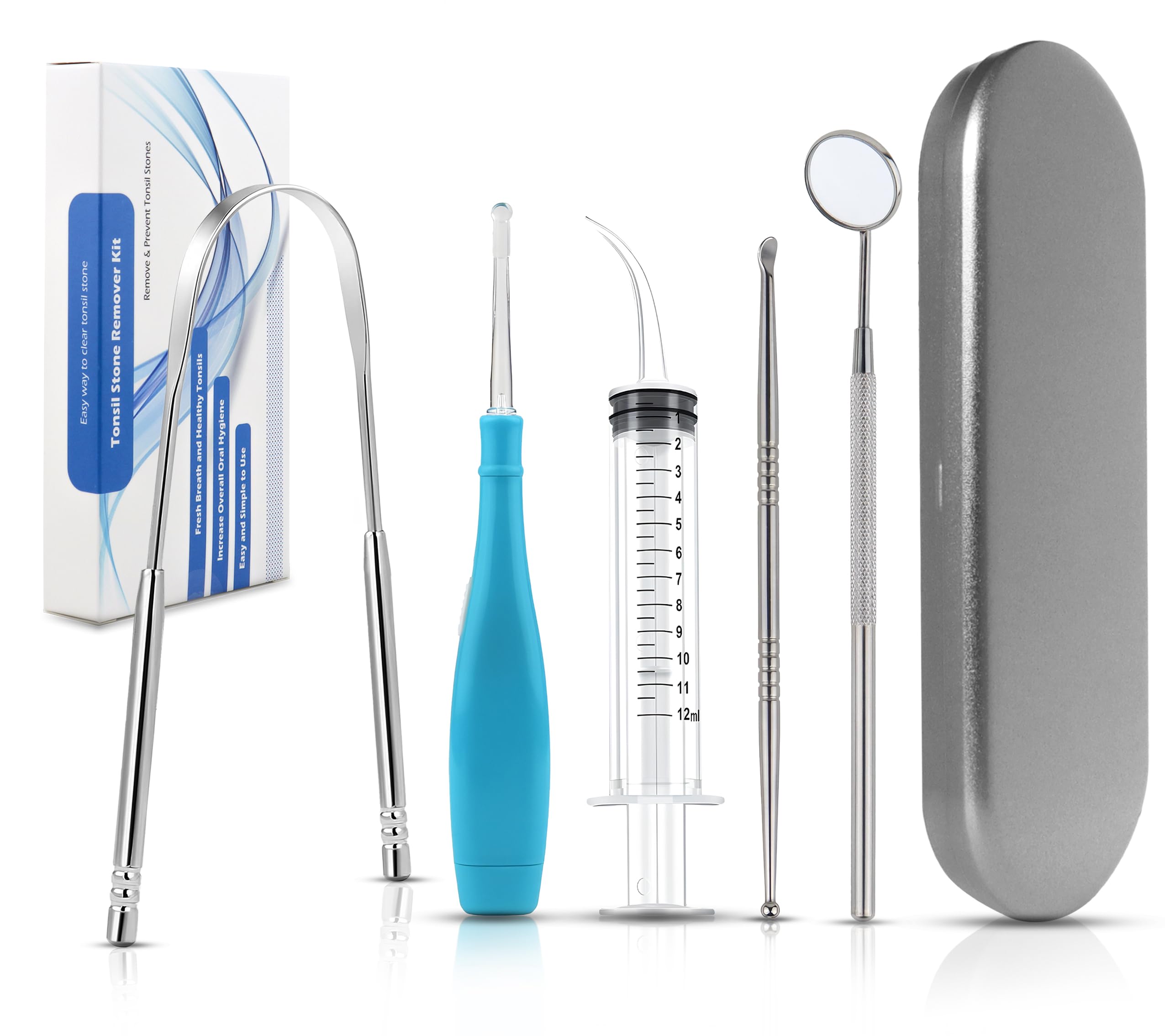 Tonsil Stone Remover Tool and Personal Oral Care Kit 5 in 1 - Tongue Scraper,Curved Syringe, Mouth Mirror, Stainless Steel Pick, and Led Tonsil Scoop