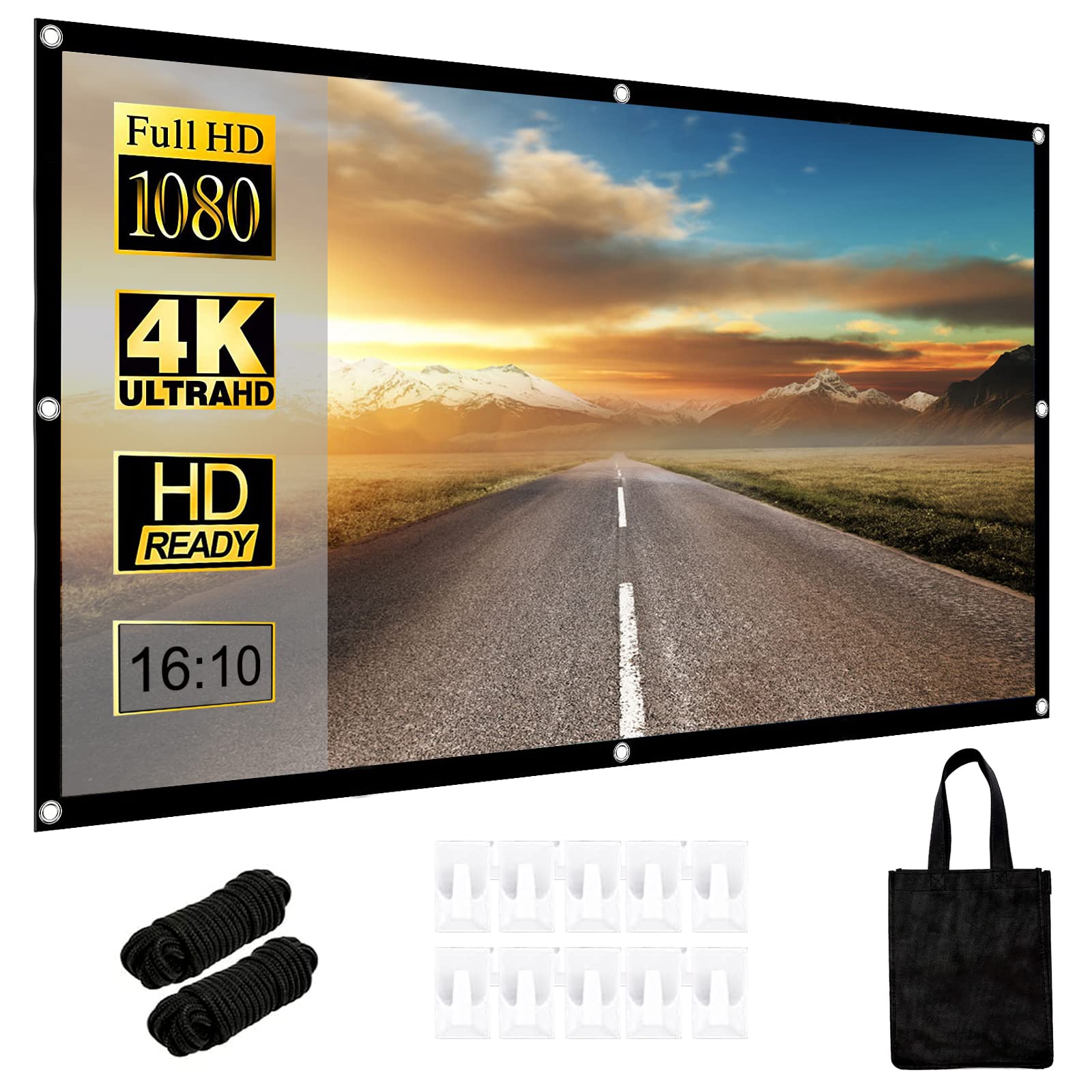 Projector Screen,100inch 16:10 HD Portable Movie Screens Projection for School Home Theatre Office, Foldable Double-Sided Movies Screen with Carry Bag and Tight Straps