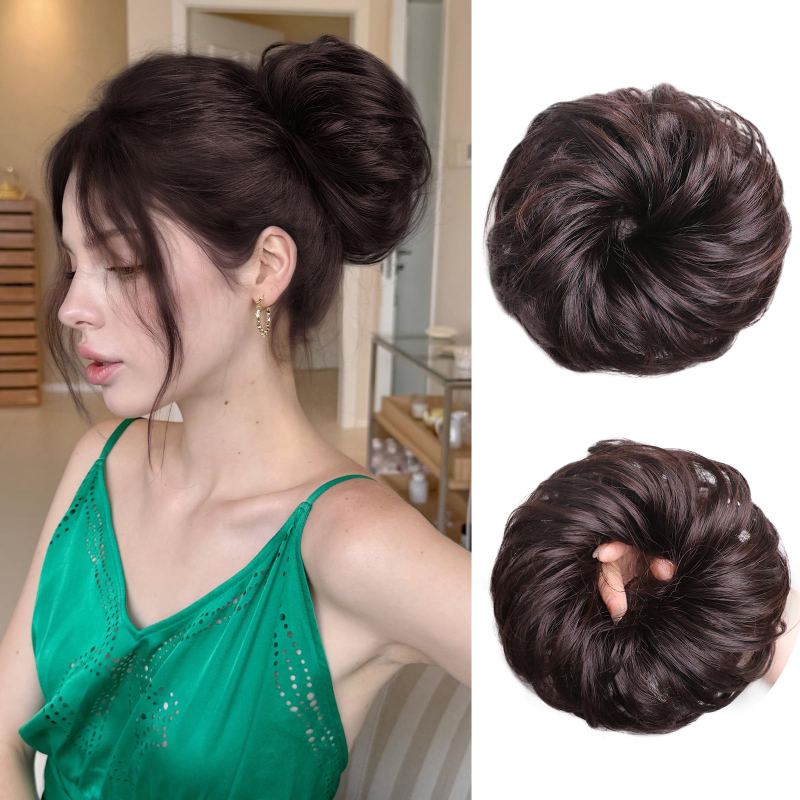 Photo 1 of XIXISNOW Large Messy Bun Hair Piece Wavy Fake Hair Scrunchie Synthetic Fluffy Chignon Buns Ponytail Extensions Instant Thick Updos Hairpieces For Women Girls Wedding Party Daily Use Dark Brown