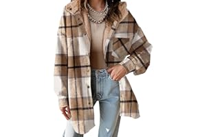 Dokotoo Women's Flannel Hooded Plaid 2025 Shacket Thick Coat Winter Coat for Warmth Button down Warm and Fuzzy Fleece Jacket