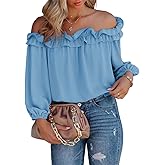 evnanic Womens Casual Off Shoulder Tops Long Sleeve Ruffle Flowy Chiffon Blouses Shirts