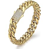 CG&KYGG 12mm Miami Cuban Link Bracelet 14K Real Gold Plated Stainless Steel Solid Bracelet for Mens Womens (Double-sided Iced Out Clasp)