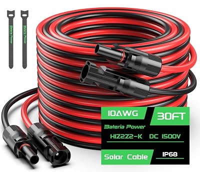 30FT 10AWG Solar Panel Extension Cable, Bateria Power 6mm² Solar Extension Cable Wire with Female & Male Waterproof Connectors for RV, Photovoltaic Systems