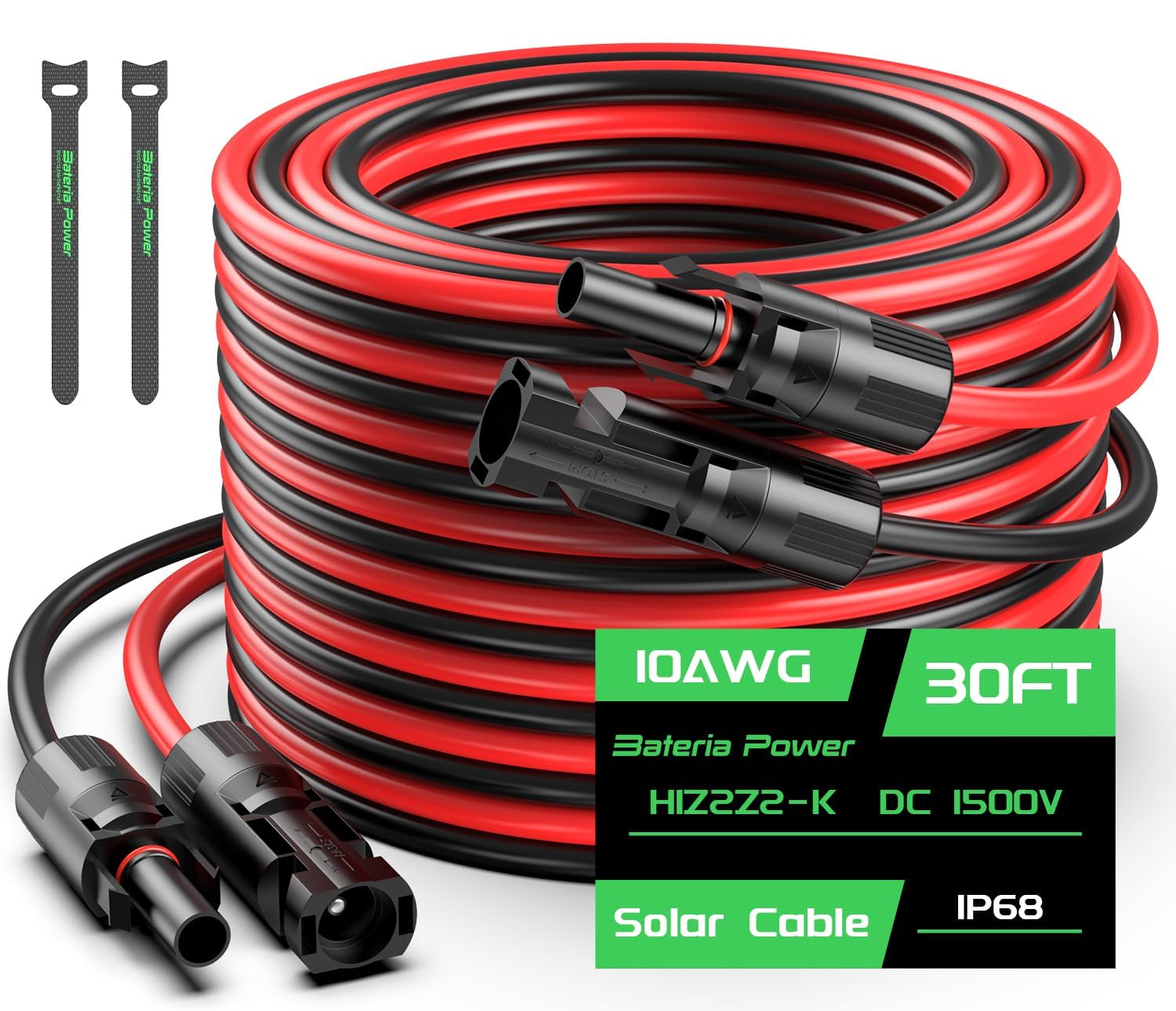 Photo 1 of 30FT 10AWG Solar Panel Extension Cable, Bateria Power 6mm² Solar Extension Cable Wire with Female & Male Waterproof Connectors for RV, Photovoltaic Systems