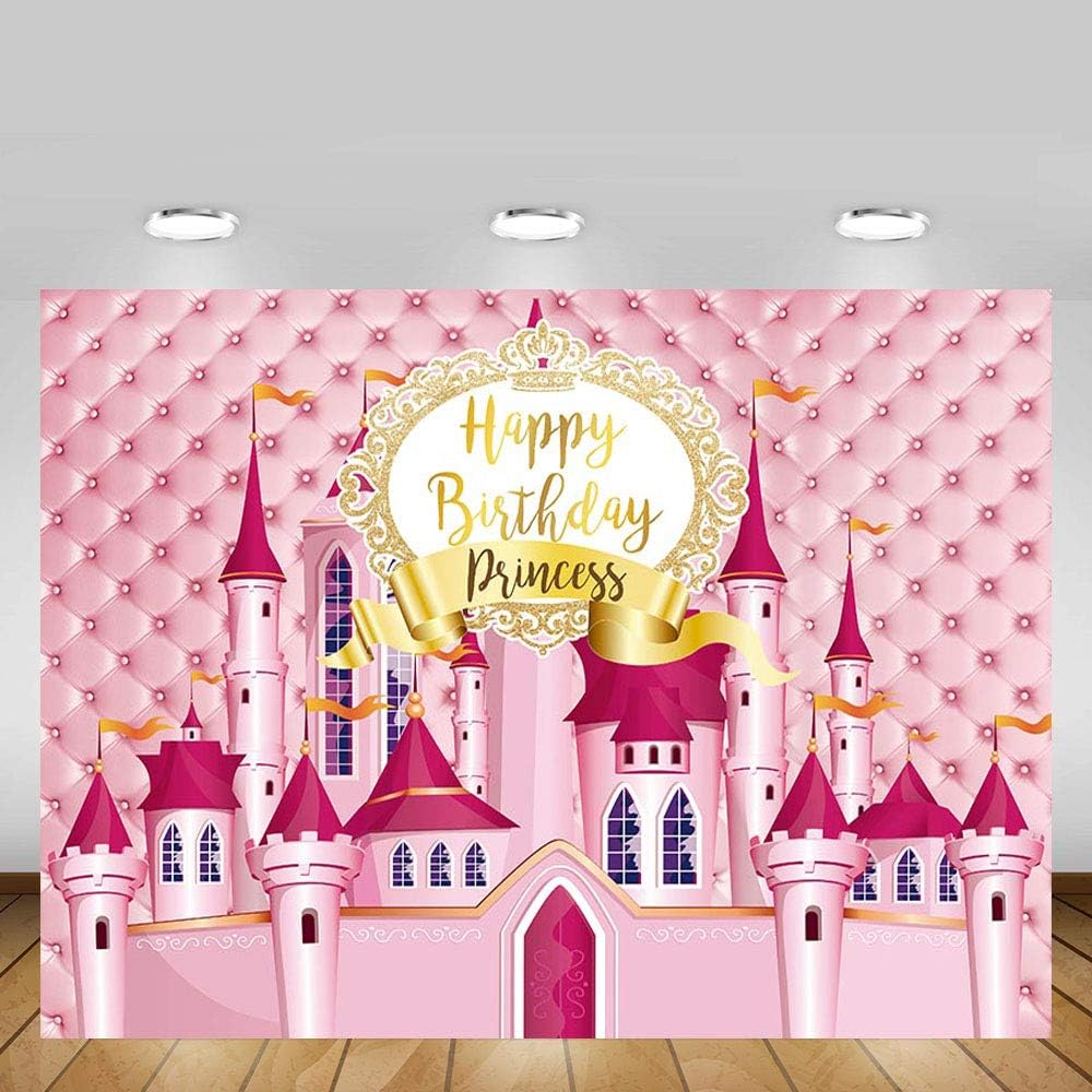 MEHOFOTO 7x5ft Princess Castle Birthday Photo Studio Booth Background Pink Headboard Girl Gold Birthday Border Photography Backdrops Banner for Dessert Table Supplies - Image 3