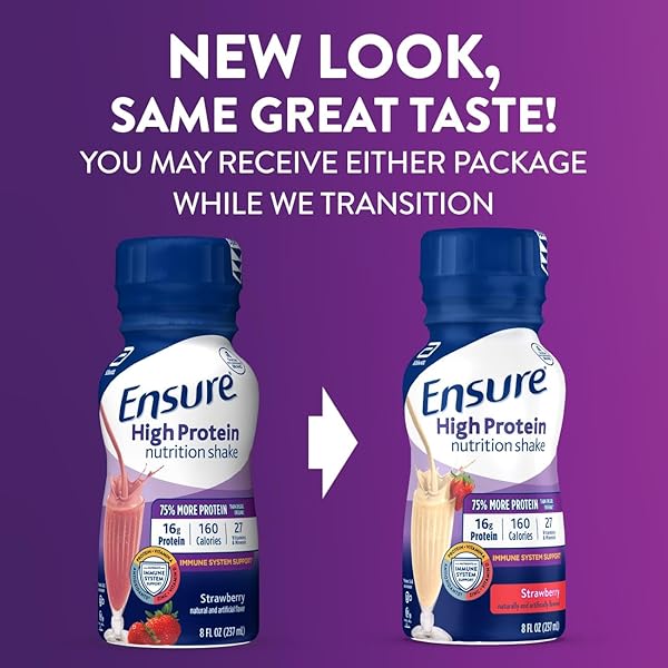 ENSURE HIGH PROTEIN STRAWBERRY NUTRITION SHAKE, READY TO DRINK, 16G PROTEIN AND 27 VITAMINS AND MINERALS, 8 FL OZ, 24 PACK