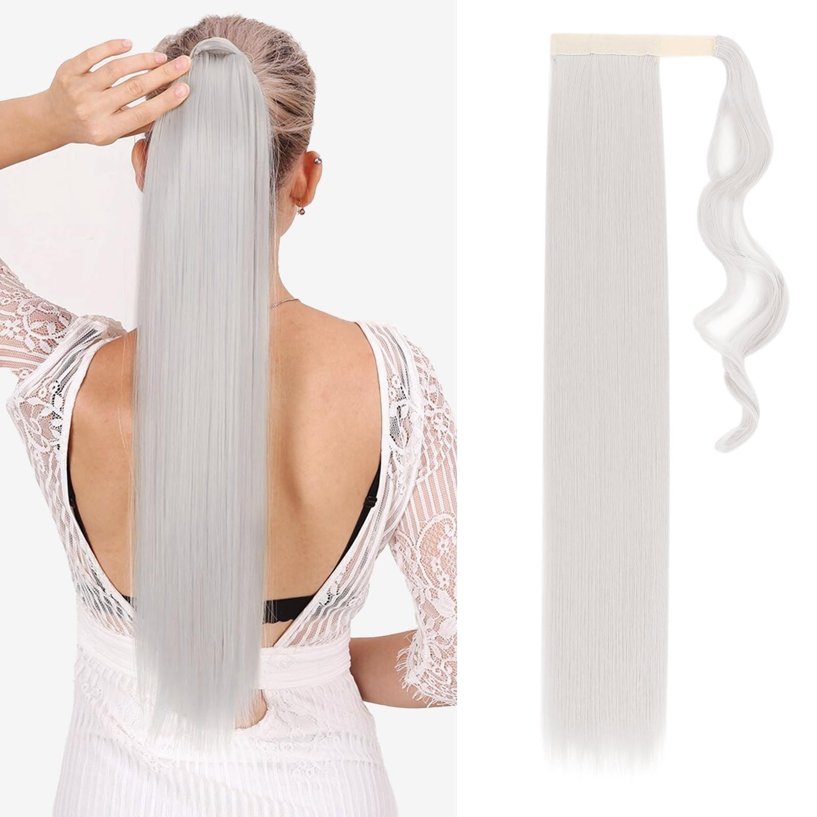 TESS Clip in Ponytail Extension Blonde 26",Hair Extensions Ponytail Synthetic Wrap Around Long Straight Fake Pony Tails Hair Pieces for Women(#Silver Grey) — image 1