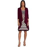 R&M Richards Women's 2-Piece Double Border Puff Printed Shift Dress W/ 3/4 Sleeves Draped Jacket