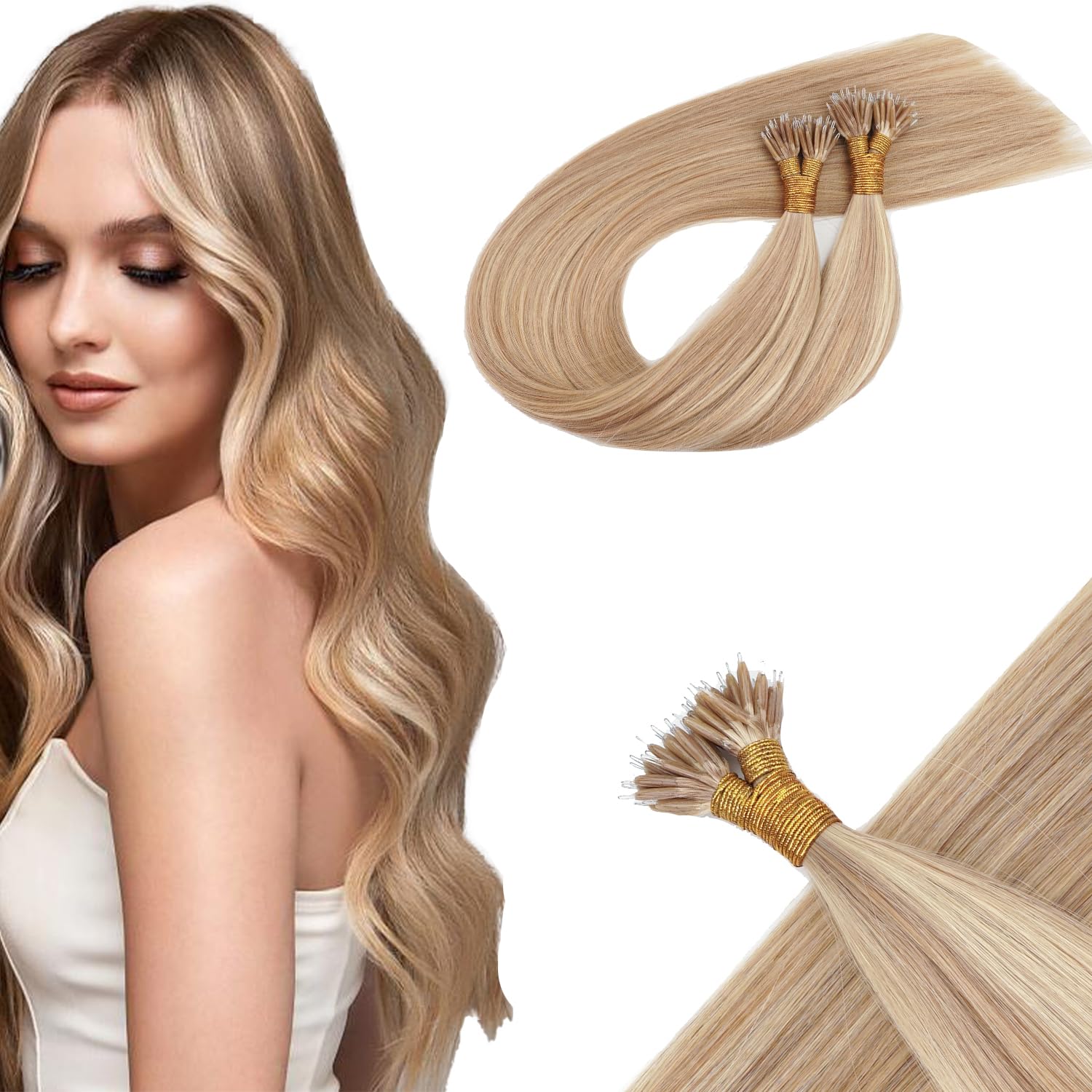 KOCONI 16 Inch Nano Ring Hair Extensions - Real Human Remy Hair, Dark Honey Blonde Mixed Medium Blonde, 1g/S, 50g, 16/22 — image 1