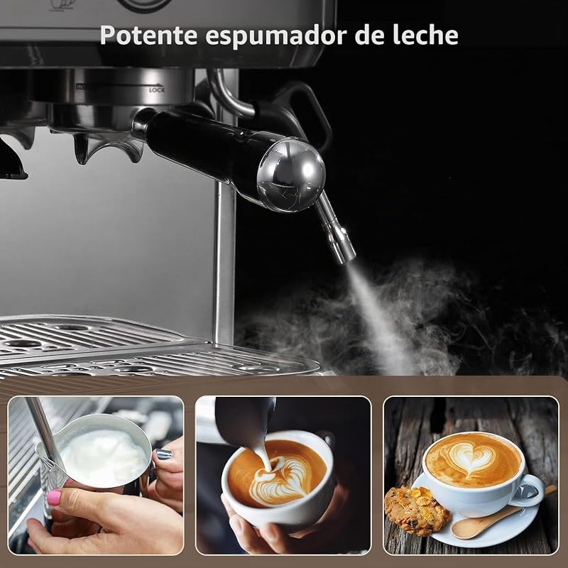 Máquina de café italiana automática com moinho integrado – 15 bares e controlo PID – espresso profissional em casa com bico a vapor, tanque de 2,3L, aço inoxidável, prata