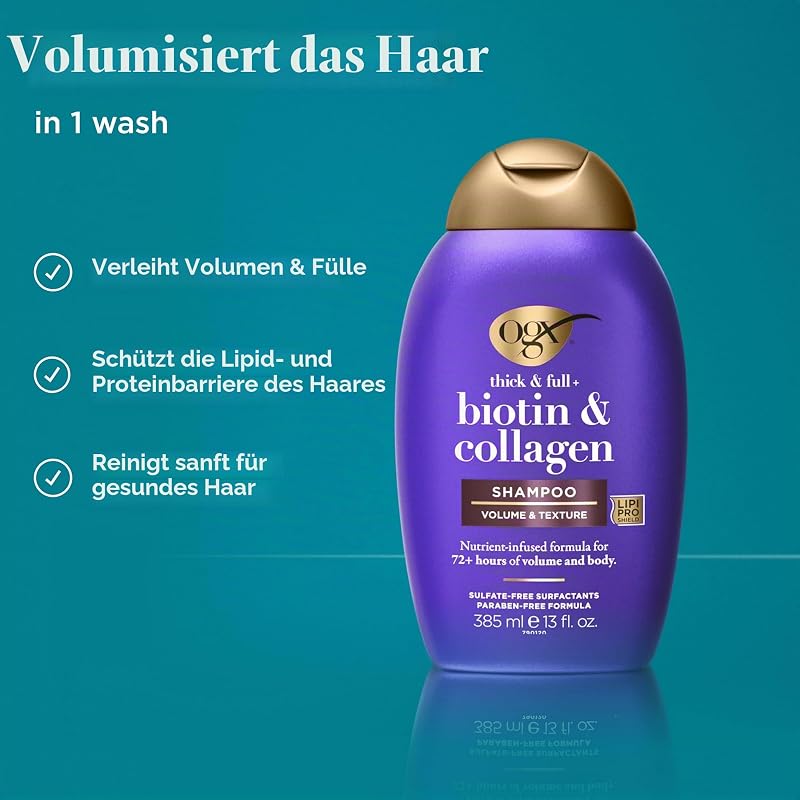 Biotin & Collagen Shampoo (385 ml), kräftigendes Haarshampoo für feines & dünnes Haar, mit Vitamin B7 Biotin & Kollagen, ohne Sulfate