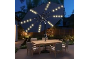 HOMSHADE 9ft Solar Patio Umbrella - Solar Lights LED Lighted Outdoor Market Table Umbrella, UPF50+ UV Protection with Push Button Tilt, Crank for Pool Deck and Garden (Navy Blue)