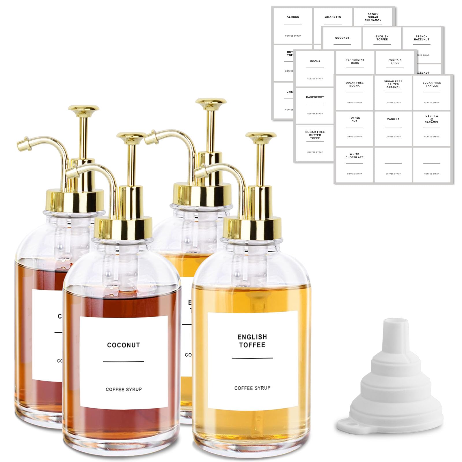 Sunal Coffee Syrup Dispenser,Gold Set of 4 Syrup Dispenser, 500ml/16.9 oz Glass Pump Bottle with 36 Waterproof Labels and Funnel&Pump for Kitchen Coffee Bar Accessories
