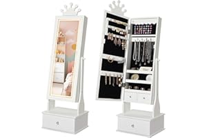 GarveeHome Kids Jewelry Armoire,Child Jewelry Cabinet with Light,Freestanding Jewelry Organizer with Full Length Mirror,3 Storage Drawer,Kids Vanity Dress Up Mirror Jewelry Cabinet for Girls(White)