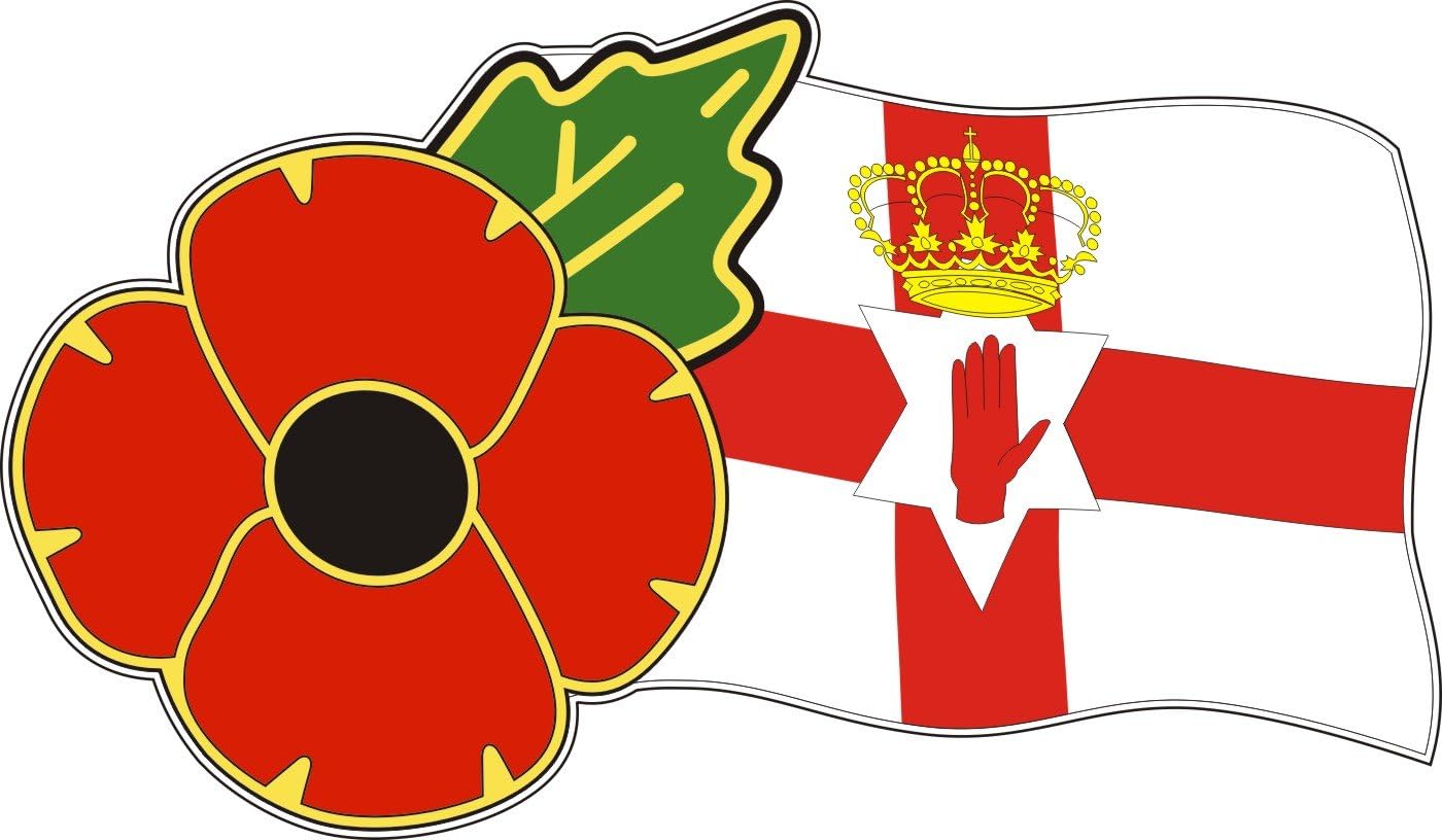 POPPY DAY STICKER WITH POPPY AND ULSTER FLAG - 2 sizes available, Ideal for cars, tablets, laptops, phones, scooters... (Small (you get 2 small stickers))