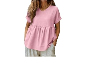 Women's Cotton Linen Shirts V Neck Casual Short Sleeve Pleated Waist Tops Loose Fit Comfy House Beachwear T-Shirts