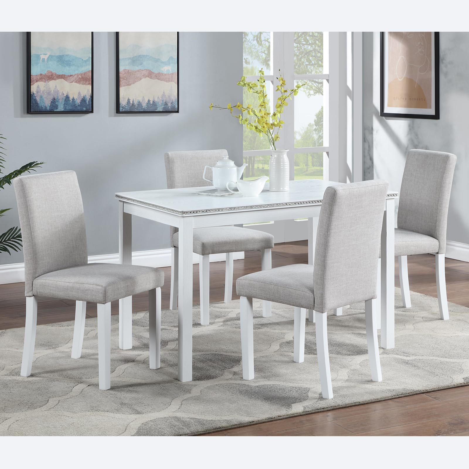 Photo 1 of KEIKI 5-Piece Standard Height Dining Table Set with Rectangular Table and 4 Upholstered Chair, for 4 Person, Modern Crystal Decoration Wooden Table Set, Easy Assembly, for Kitchen, Dining Room, White