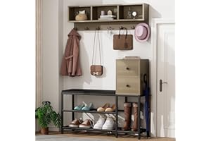 yoyomax 39" Hall Tree Shoe Storage,7 in 1 Entryway Bench with 2 Drawers, Rack, 7 Coat Hooks& 2 Umbrella Stands, Without Flip Top Box-Grey