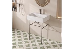 DeerValley 24"x17" Console Bathroom Sink, Free Standing 30 Inch Stainless Steel Support Pedestal Legs, Wall-Mounted White Ceramic Basin, Modern Rectangular Sink Porcelain, Silver